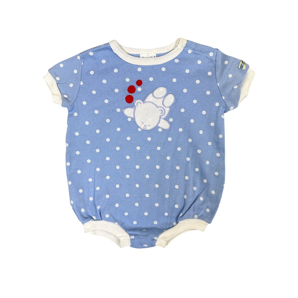Vintage Absorba Baby Blue Polka Dot Bear Romper Bubble Suit 12M Made in USA NWT